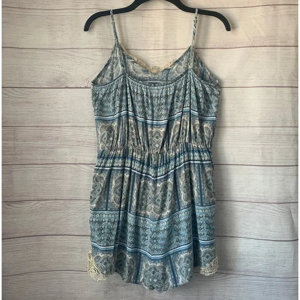 Alya Blue and Cream Paisley Medallion Romper with Crochet Lace Trim Size M
